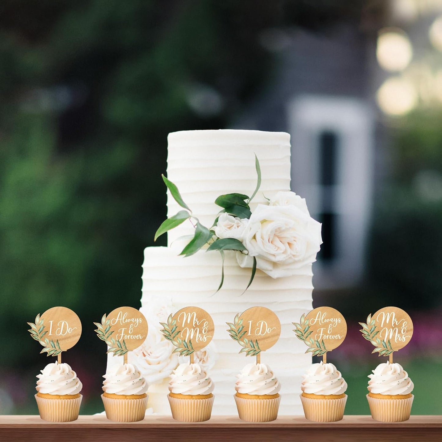 12 PCS Greeny Wedding Cupcake Toppers in Wood Mr & Mrs Engagement Cupcake Decorations