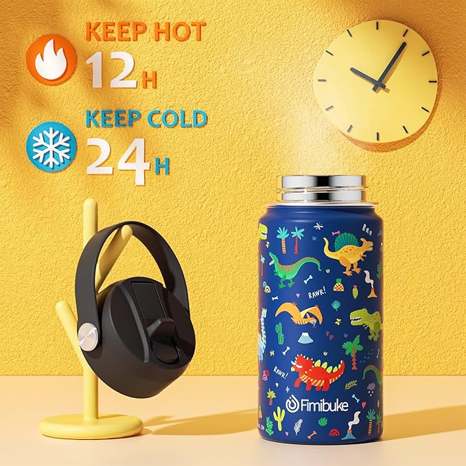 Fimibuke Kids Insulated Water Bottle, 14oz BPA FREE 18/8 Stainless Steel Travel Tumbler Double Wall Vacuum Leak Proof Kids Cups with Straw Metal Water Bottles for School Boys Girls (1 Pack, Trucks)