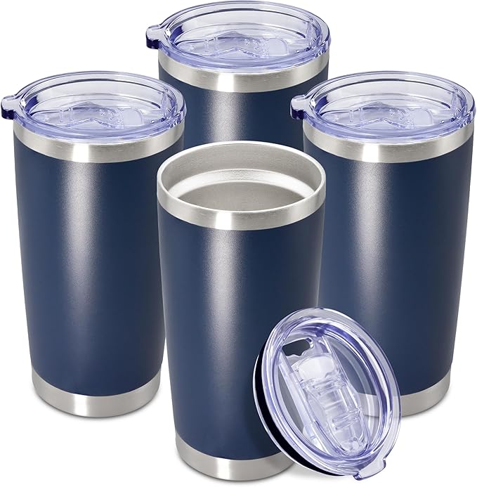 20 oz Tumbler Coffee Travel Tumblers Bulk with Lid Stainless Steel Double Wall Vacuum Insulated Mug Powder Coated Cups fit Car Cupholder for Hot and Cold - Navy, 4Pack