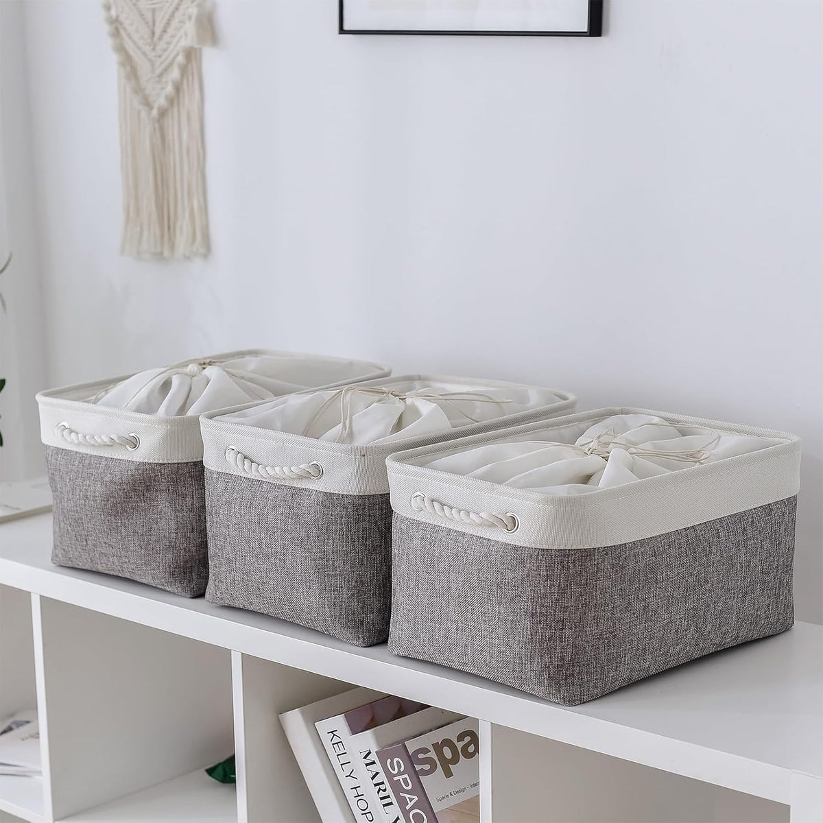 TheWarmHome Storage Baskets for Organizing, X Large - 3 Pack 17.7L×13.8W×9.8H in Foldable Storage Bins for Shelves, Fabric Storage Box for Closet Nursery Toy Gift (White & Grey)