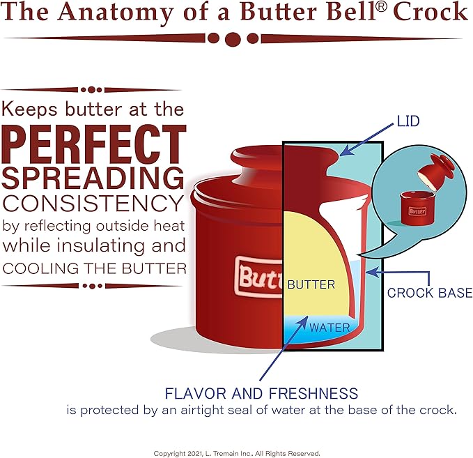 Butter Bell – The Original Art Nouveau French Butter Crock by L Tremain, Water Seal Ceramic Butter Keeper for Countertop, Keeps Butter Fresh & Spreadable Without Refrigeration