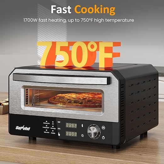 Pizza Oven Indoor Outdoor: Heats up to 750℉, Up to 12" Electric Countertop Pizza Maker with 6 Presets, Control Knob, Portable Pizza Cooker Warmer for Home, Camping, Pizza Stone, Pizza Peel