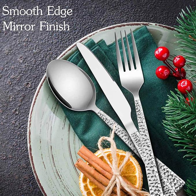 E-far 60-Piece Silverware Set, Hammered Stainless Steel Square Flatware Cutlery Set for 12, Tableware Set Eating Utensils for Home Kitchen Restaurant, Modern Design & Mirror Polished - Dishwasher Safe