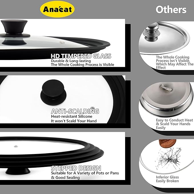 Anaeat Silicone Universal Lid for Pots, Pans and Skillets - Tempered Glass Covered with Heat Resistant Silicone Rim Fits 11", 12" and 12.5" Diameter Cookware -Easy to Use Replacement Frying Pan Cover