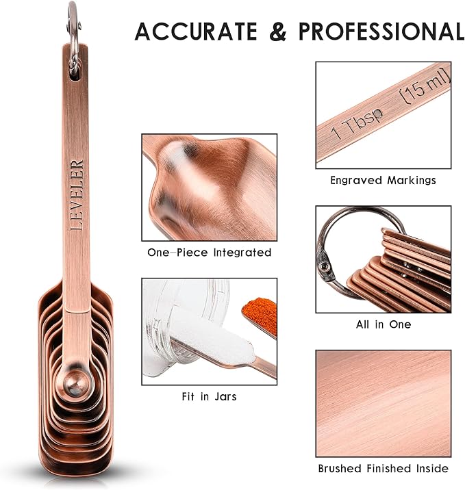 Copper Measuring Cups and Spoons Set, 20-Piece Stainless Steel Measuring Cups and Spoons Set, Measuring Stick Leveler, Measurement Conversion Chart Fridge Magnet, with 2/3 & 3/4 Measure Cup