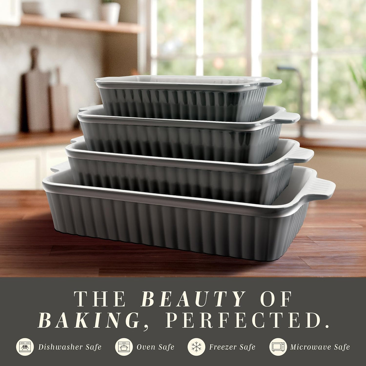 COOK WITH COLOR Casserole Dishes for Oven, Porcelain Baking Dishes, Ceramic Bakeware Sets of 4, Rectangular Pans Handles for Baking Cake Kitchen