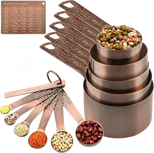 Copper Measuring Cups and Spoons Set 13, Stainless Steel Measuring Cups and Spoons Set for Baking and Kitchen, Metal Metric & US Measuring Set