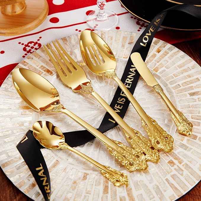 KEAWELL Luxury 45-Piece Flatware Set, 18/10 Stainless Steel Tableware, Service for 8, Antique Baroque Gold-Plated Silverware Set (Gold)