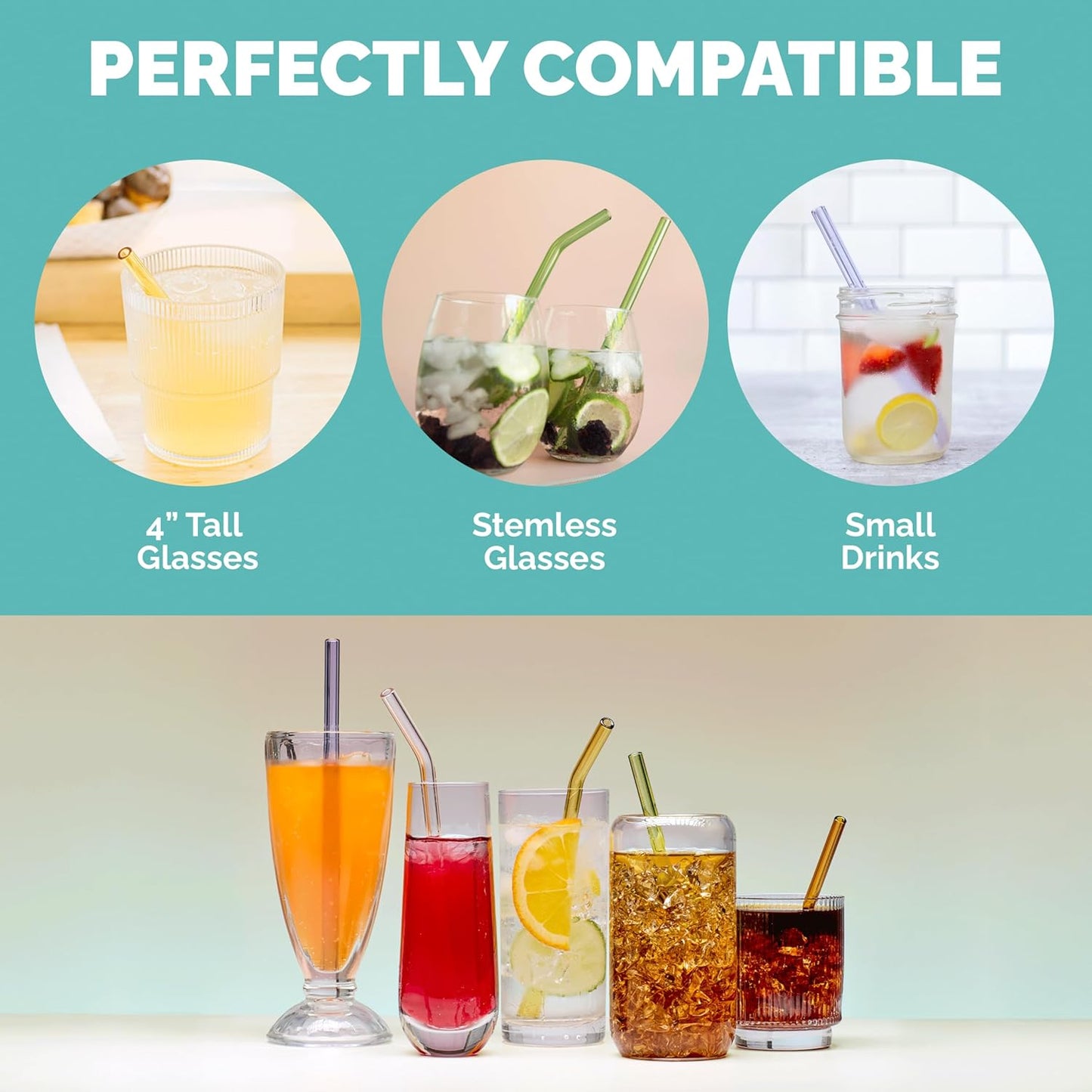 Simply Straws 6 Inch Glass Straws Bent (6-Pack) – Reusable Glass Straws for Low Balls & Stemless Glasses, with Cleaning Brush – Dishwasher Safe, Hot & Cold Use, BPA-Free (Air)