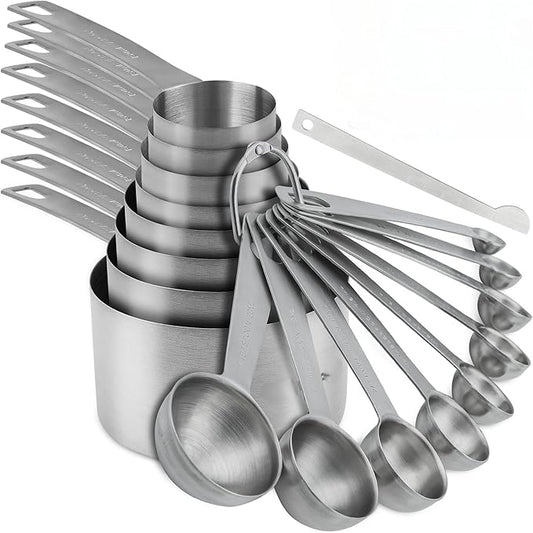 Smithcraft Measuring Cups and Spoons Set 18, Metric&US 18/8 Stainless Steel Measuring Cups and Spoons for Kitchen &Baking, Metal Measue Cup and Spoon for Dry&Liquid, 8 Measure Cups&9 Spoons w/Leveler