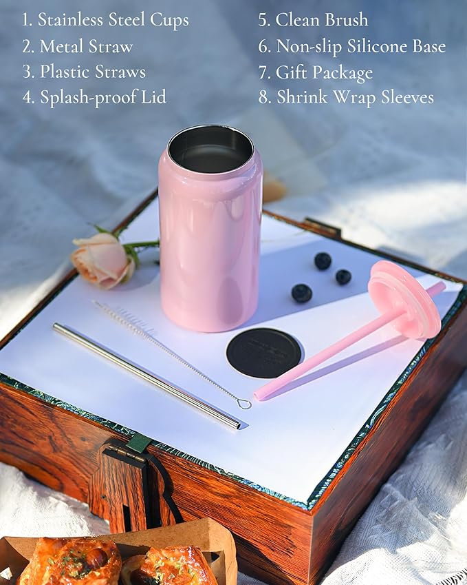 Glass Cups with Lids and Straws, 16oz Stainless Steels Cups, Beer Cups, Iced Coffee Cup, Smoothie Cup, Sublimation Tumbler, Purple (Smooth Polished Finish, Sublimatable)