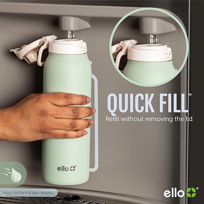 Ello Pop & Fill 32oz Stainless Steel Water Bottle with Quick Fill Technology, Double Walled and Vacuum Insulated Metal, Leak Proof Locking Lid, Sip and Chug, Reusable, BPA Free, Tonal Black