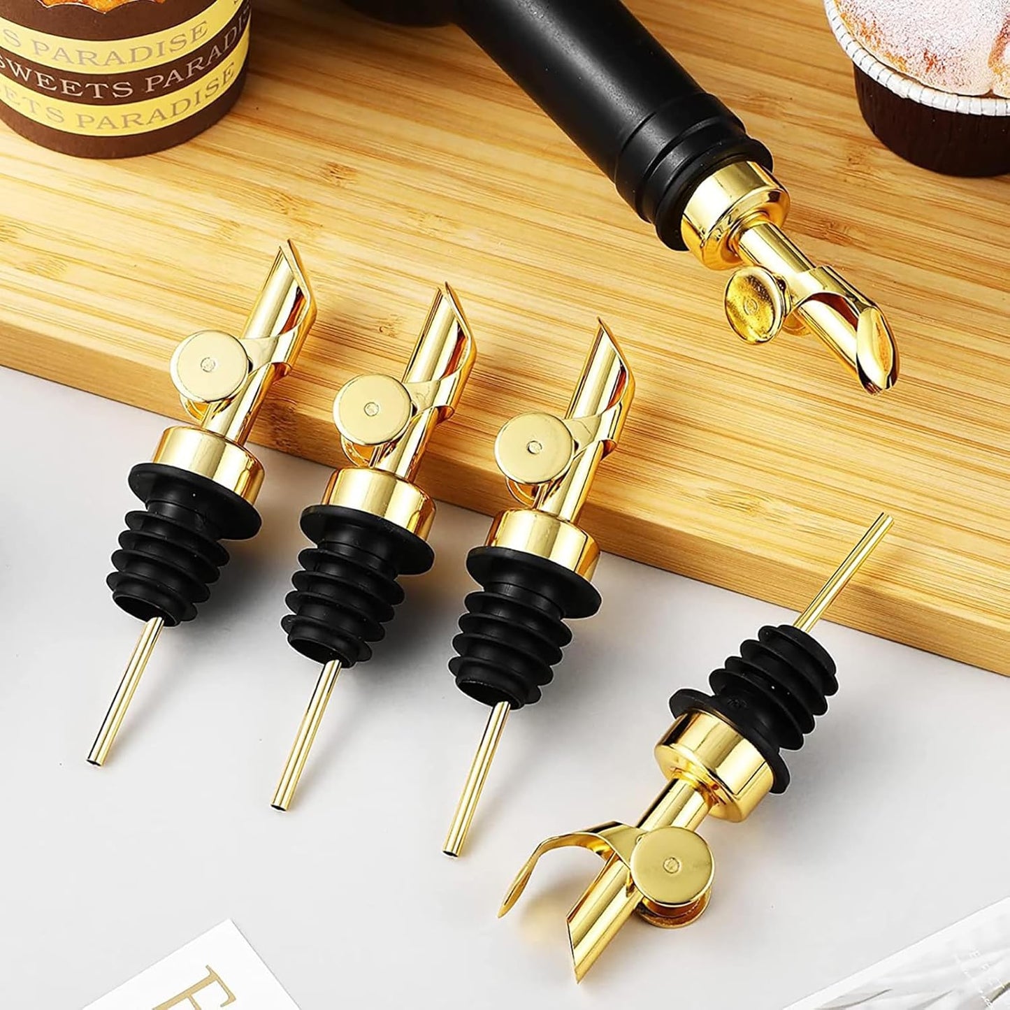 Pafusen 2 Pack Auto Flip Olive Oil Dispenser, Liquor Pour Spout, Oil Dispenser for Kitchen, Easily Turn Your Bottles into Dispensers for Liquor, Vinegar, Coffee Syrup or Oils, Weighted Pourer, Gold