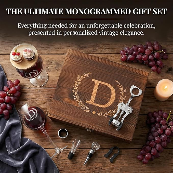GZLDGIFTS Personalized Initial Wine Glasses Box Gift Set For Women Mom Engraved Birthday Monogrammed Wooden Christmas Wedding Anniversary Wine Couples Stopper Opener Initial Letterr (B Set)