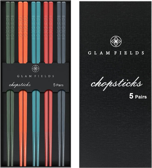 Chopsticks, GLAMFIELDS 5 Pairs Premium Reusable Multicolour Chopsticks for Sushi Japanese Matte Anti-slip Chop Sticks with Gift Case Lightweight Dishwasher Safe, 9.6 Inch