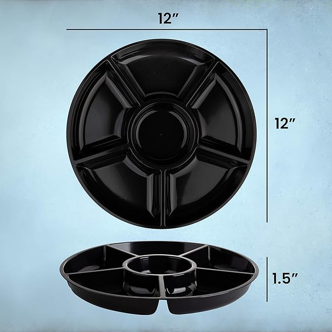 Plasticpro 6 Sectional Round Plastic Serving Tray/Platter (4, Black)