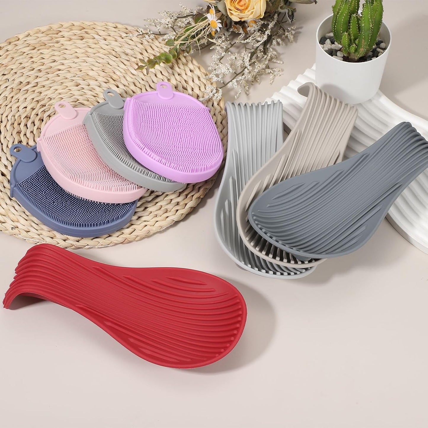 uxcell 1 Set Silicone Spoon Rest for Stove Top, Silicone Spoon Holder for Cooking Spatula, Ladle, Brush Khaki/Purple
