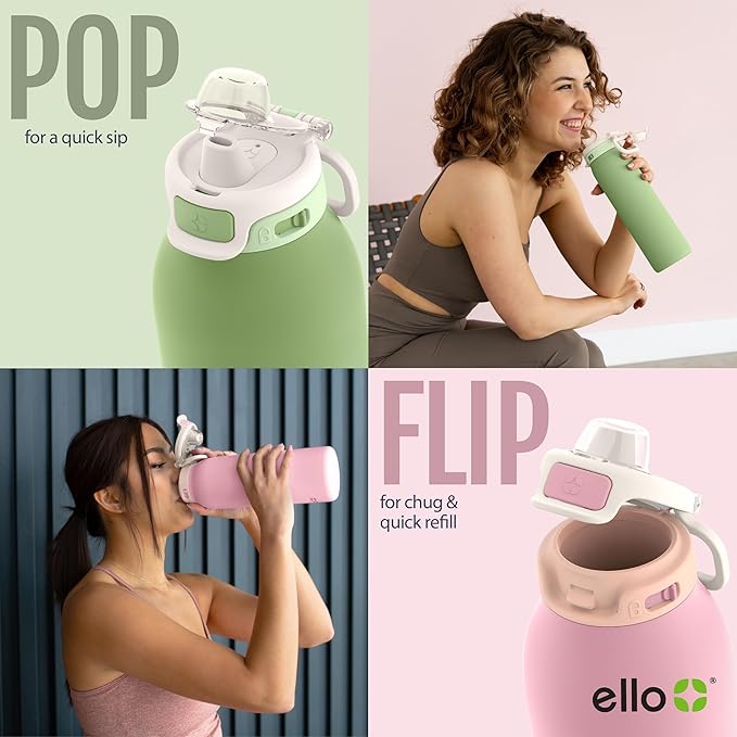 Ello Pop & Fill 32oz Stainless Steel Water Bottle with QuickFill Technology, Double Walled and Vacuum Insulated Metal, Leak Proof Locking Lid, Straw and Chug, Reusable, BPA Free, Black Zebra