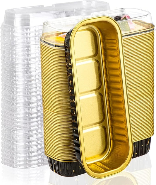 EUSOAR Disposable Mini Loaf Pans with Lids, 100pcs 6.8oz 6.5"x2.5"x1.2" Aluminum Foil Tin Baking Cups, Cupcake Dessert Cups Cheesecake Creme Brulee Ramekins Pan for Wedding Shower