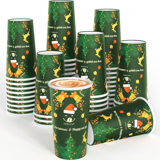 Christmas Cups, 50 Pack Party Decor, To Go Paper Hot Cups for Chocolate, Cocoa, Coffee (Green, 16 oz)