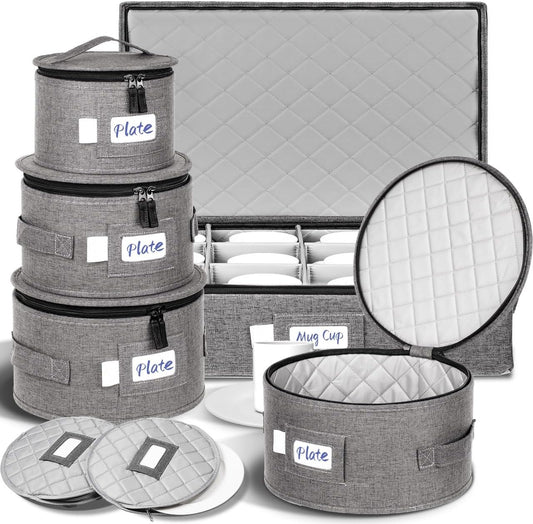 LUXULA China Storage Containers for 12 Place Setting with Two Plate Bags, 5 Pcs Hard Shell Quilted China Storage Cases for Dinner Plates, Salad Plates, Dessert Plates, Saucers, Cups & Mug Storage