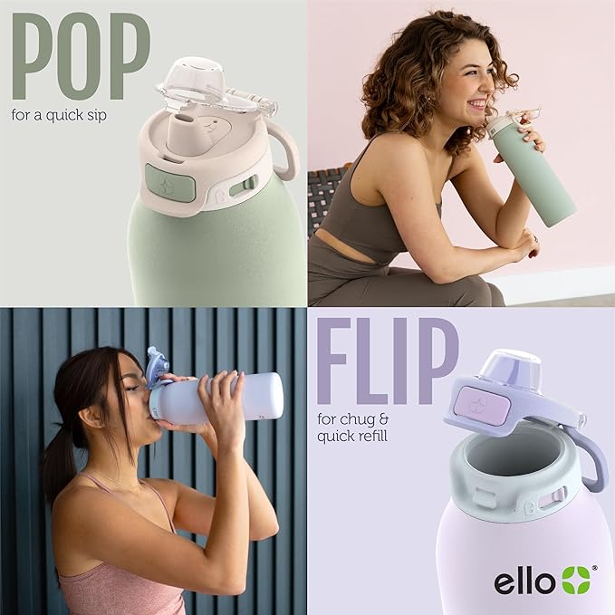 Ello Pop & Fill 32oz Stainless Steel Water Bottle with Quick Fill Technology, Double Walled and Vacuum Insulated Metal, Leak Proof Locking Lid, Sip and Chug, Reusable, BPA Free, Tonal Cream