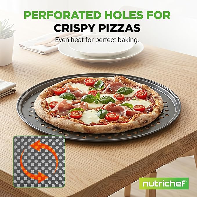 NutriChef 12.8 Inch Nonstick Pizza Pan for Oven - Carbon Steel Pizza Baking Tray with Airflow Holes - Premium Bakeware for Fresh & Frozen Pizza, Dishwasher Safe - Gray