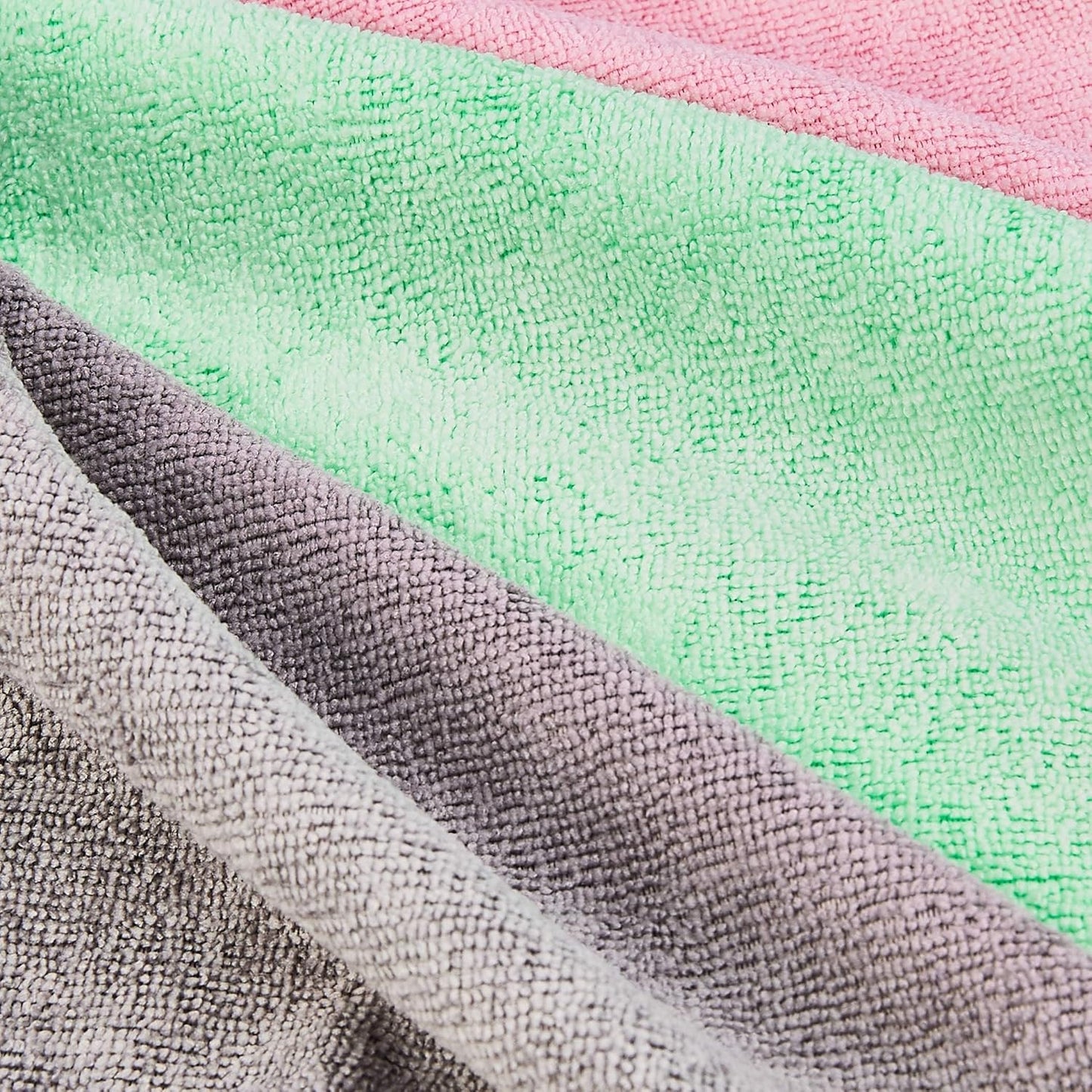 Amazon Basics Microfiber Cleaning Cloths, Non-Abrasive, Reusable and Washable, Pack of 36, Green/Gray/Pink, 16" x 12"