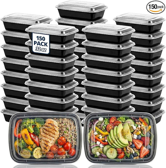 TIYA Food Containers - 32 oz Bulk 150 Pack with Lids - Rectangular Plastic To-Go Containers - Reusable, Microwavable, Dishwasher Safe - Leak-Proof for Meal Prep - BPA-Free