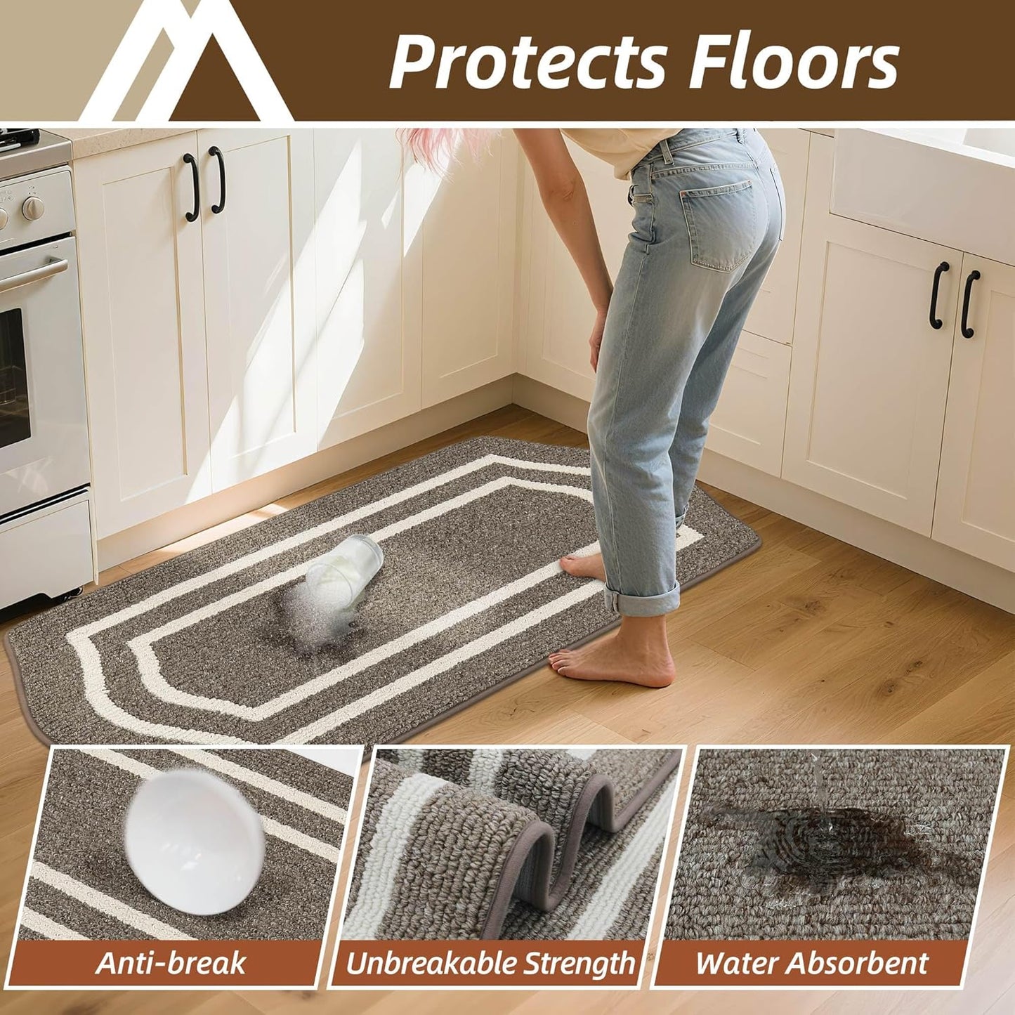 COSY HOMEER Long Kitchen Floor Mats for in Front of Sink Super Absorbent Kitchen Rugs and Mats 24"x48" Non-Skid Kitchen Mat Standing Mat Washable,Polypropylene,Brown,Frame