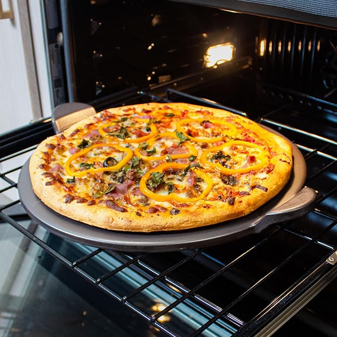Old Stone Pizza Kitchen Glazed Round Pizza Stone with Handles for Oven and Grill, 13 inch