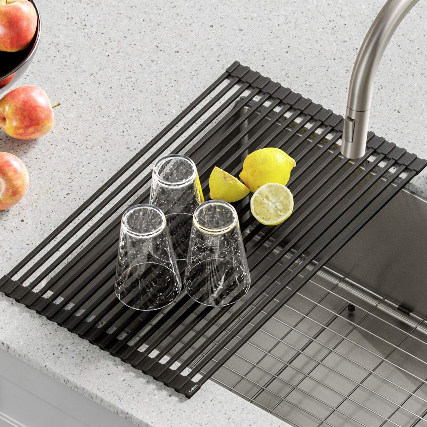KRAUS Multipurpose Over-Sink Roll-Up Dish Drying Rack, Colander and Trivet in Aqua, KRM-10AQ