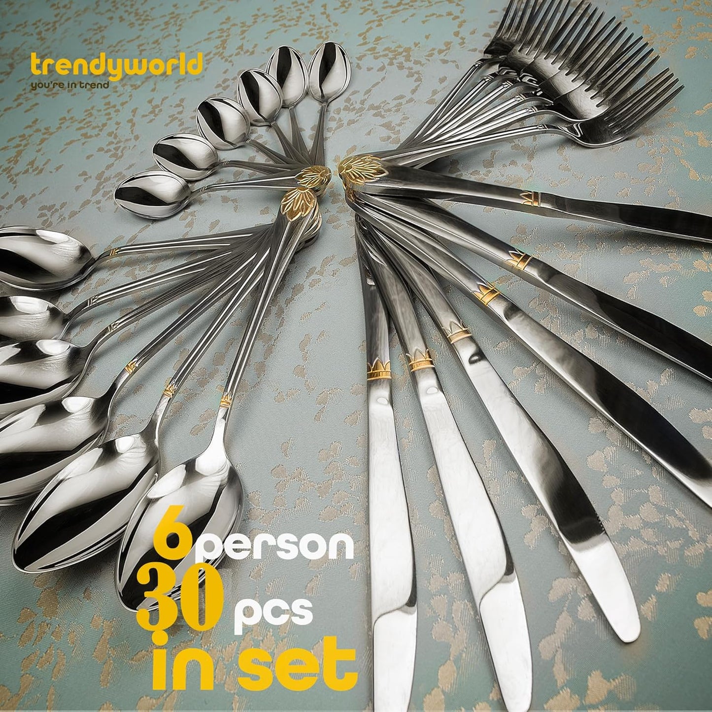 Silverware Set Limited Edition – 30 Piece Family Dinnerware Set – Flatware Set for 6 – Silver Tableware Set w/Gold Accents – Spoons, Knives, Teaspoons, Forks, Salad Forks