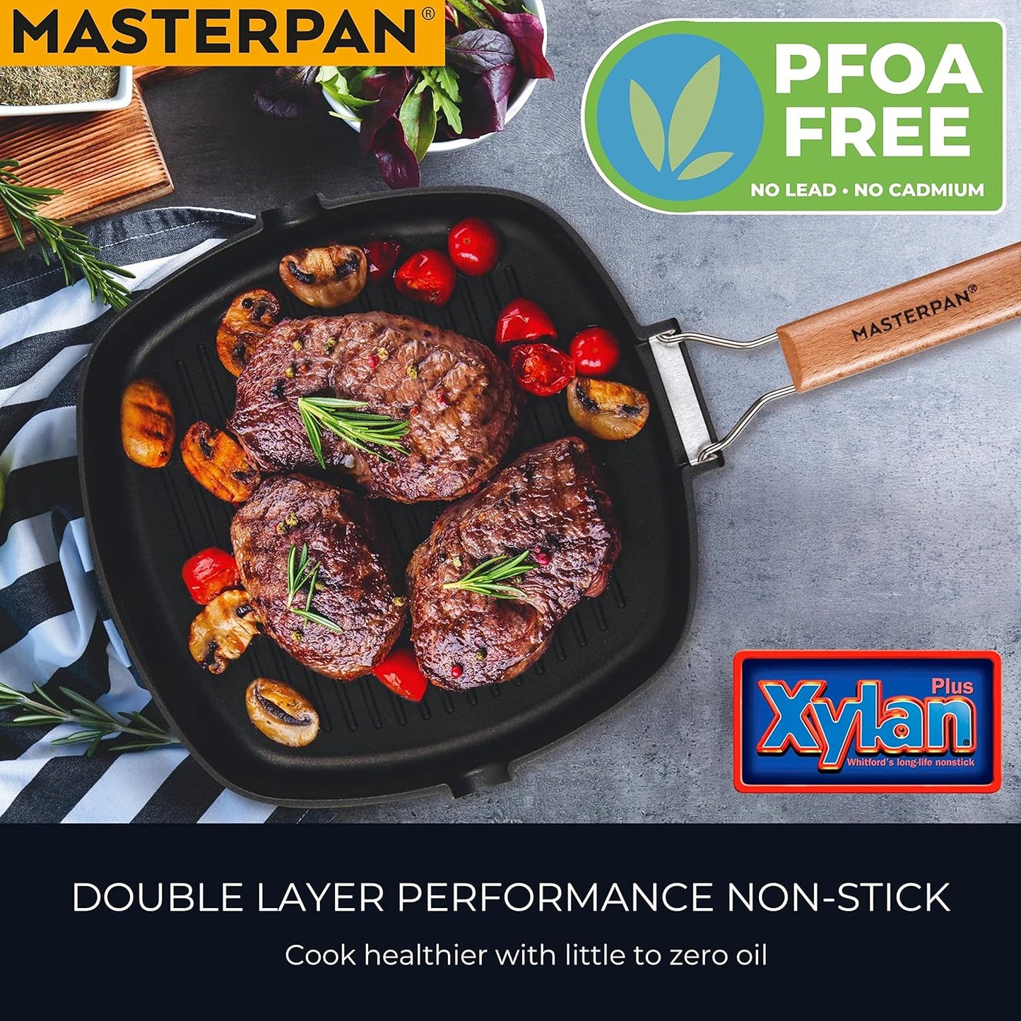 Non-Stick Grill Pan Wooden, 11", Folding Handles