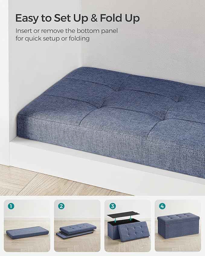 SONGMICS Mazie Collection - 30 Inches Folding Storage Ottoman Bench, Ottoman Foot Rest, End of Bed Bench, Storage Chest, Load 660 lb, for Living Room, Bedroom, Entryway, Misty Blue ULSF047Q01