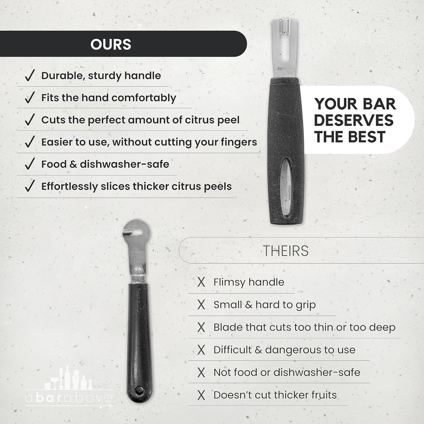 A Bar Above Black Handle Stainless Steel Channel Knife, Chef-Grade Citrus Garnish Tool, Zester and Fruit Peeler for Cocktails, Culinary Presentation, and Kitchen Use