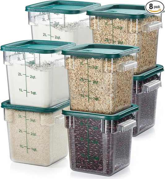 CURTA 8-Pack 4 Qt NSF Clear Polycarbonate Food Storage Containers with Green Lids - Square, Commercial-Grade, Freezer & Dishwasher Safe, Stackable