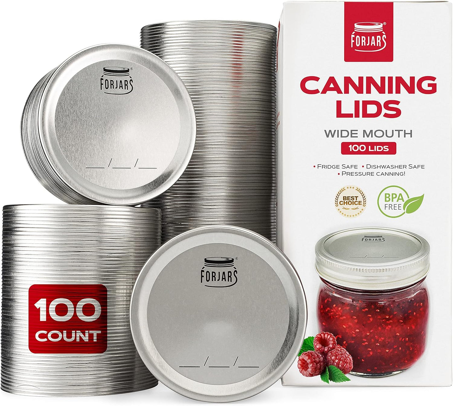 FORJARS - Wide Mouth Canning Lids, 100-Pack – Create Airtight Seals on Mason Jars to Preserve Food for Meal Prep & Emergency Food Storage – 3.4 In. Metal Lids with Silicone Seals – Canning Supplies