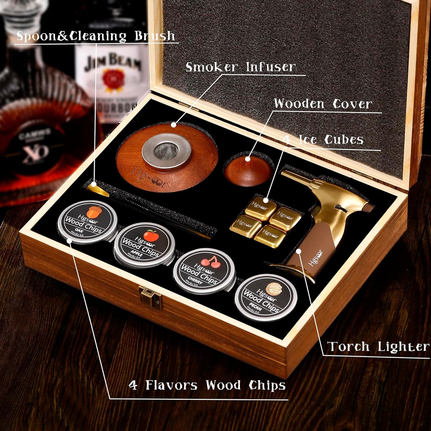Whiskey Smoker Kit - Old Fashioned Drink Smoker Kit - Cocktail Smoker Kit with Torch, 4 Flavors Wood Chips, 4Ice Cubes, Bourbon Smoker Kit, Bourbon Whiskey Gifts for Men,Dad (No Butane)